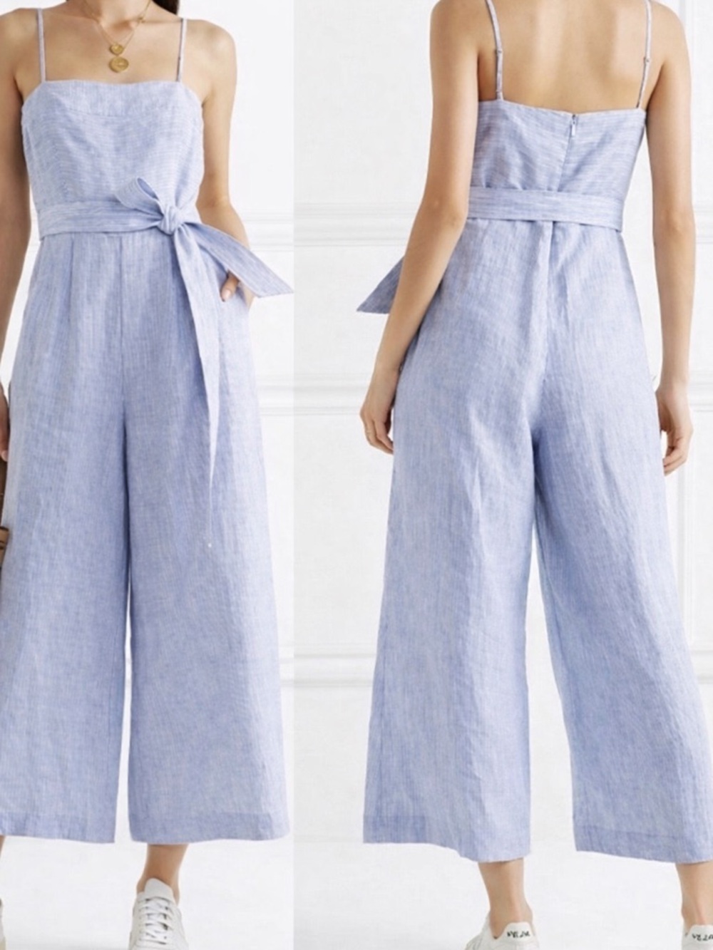 J. Crew Light Blue Striped Linen-Blend Wide-Leg Jumpsuit with Tie Waist